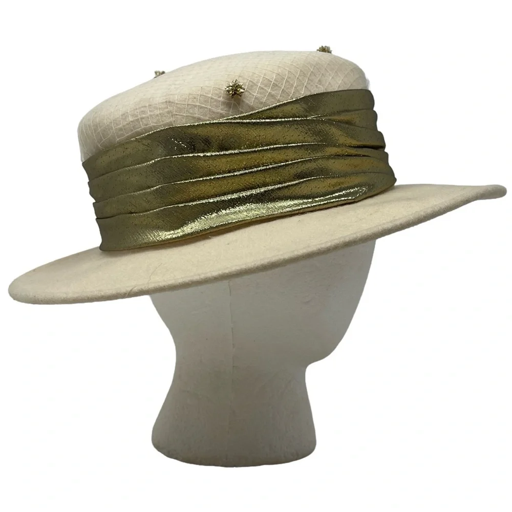 Vintage Michael Howard Designer Hat Cream 100% Wool Felt Hat With Gold Details - Picture 5 of 10